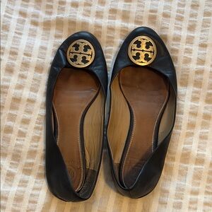 Tory Burch Black Flats with Gold Logo